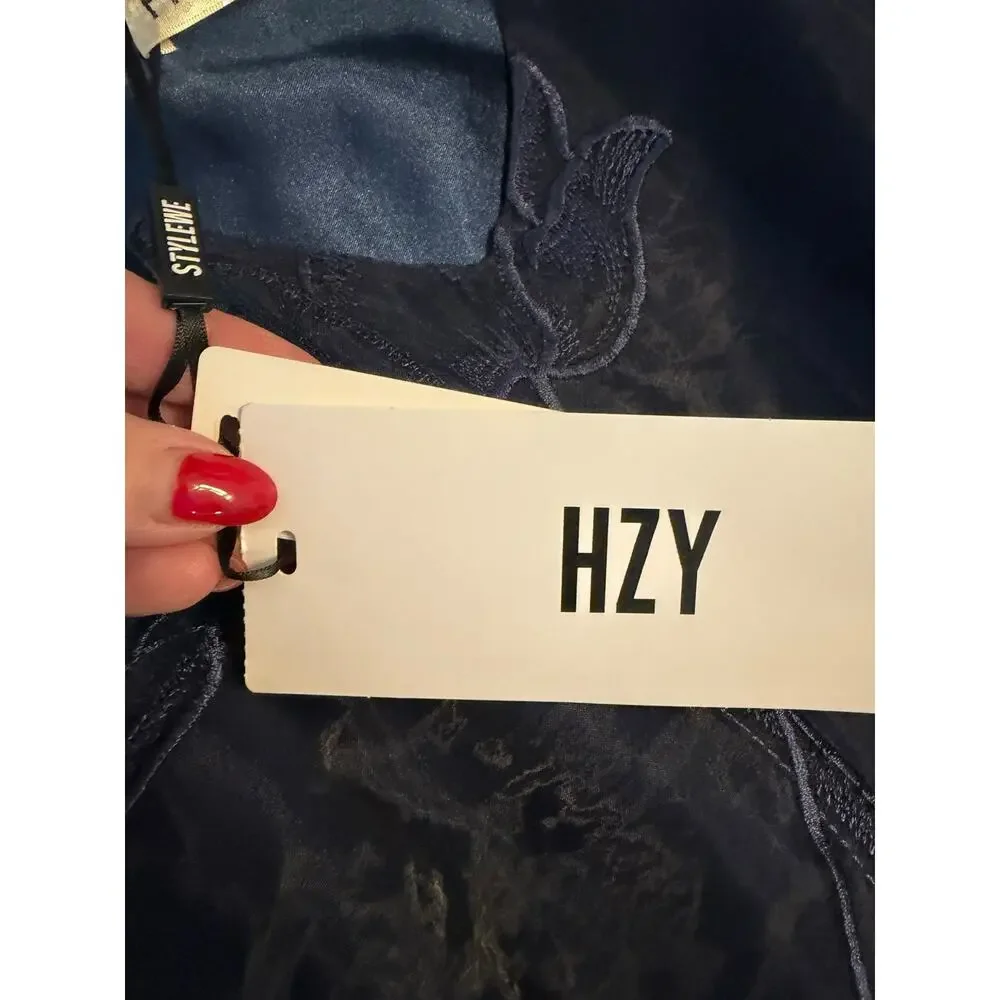 STYLEWE HZY Navy Blue Organza with Emroidered Floral Detail Dress